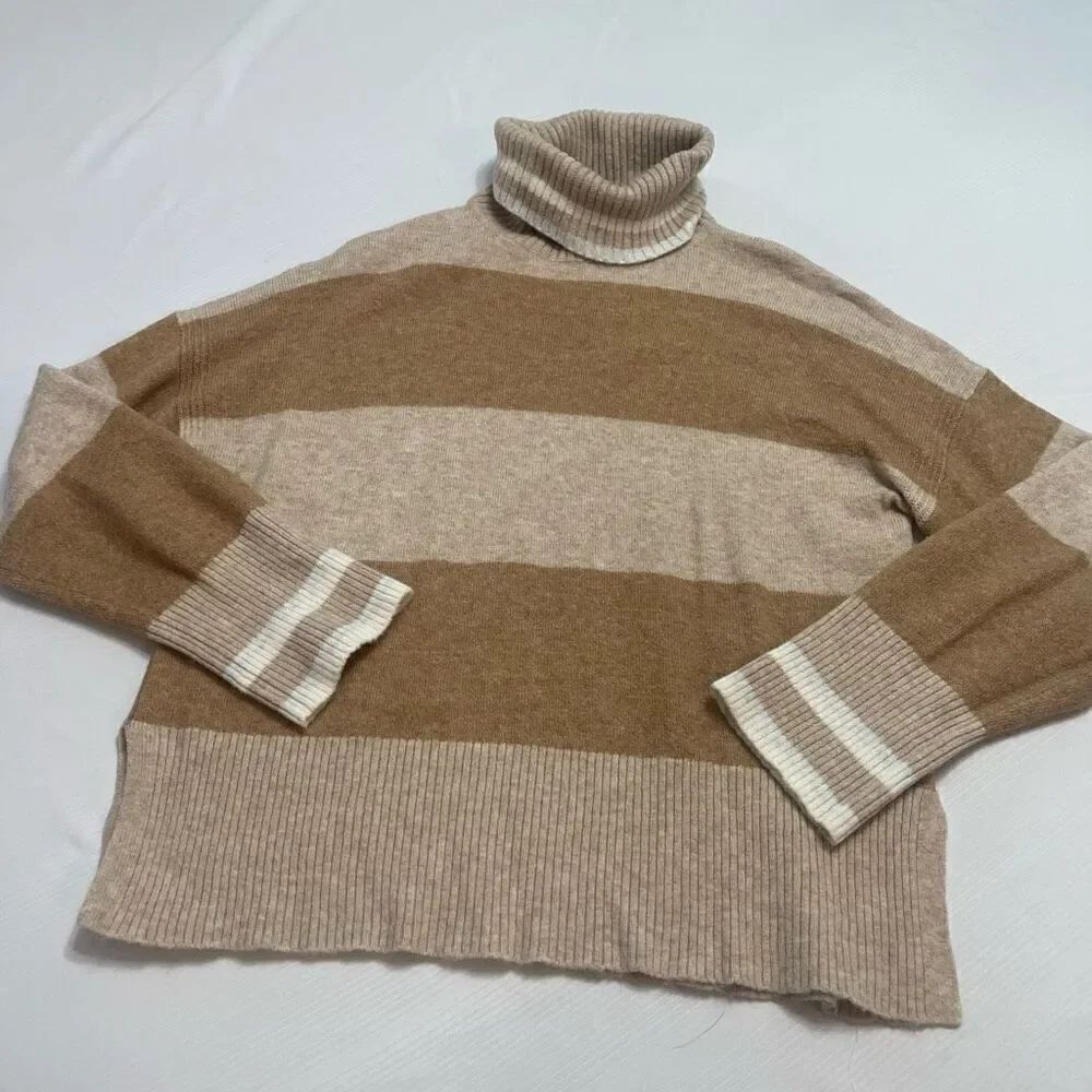 J. Crew Tan Brown Stripe Merino Wool Alpaca Turtleneck Sweater Size Small